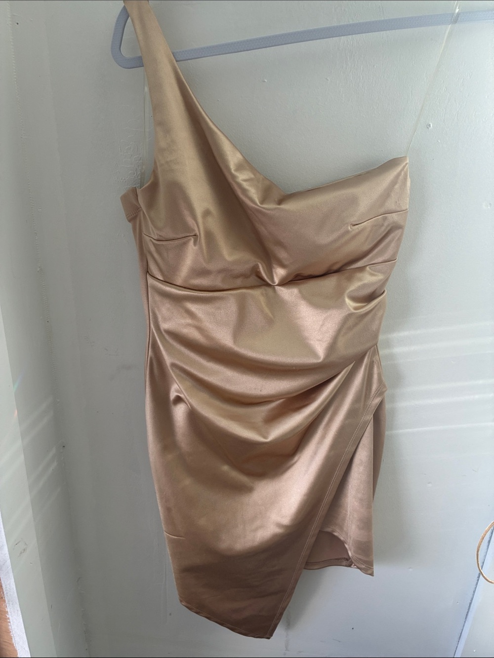 Honey and Rosie One-Shoulder Satin Dress in Champagne Gold